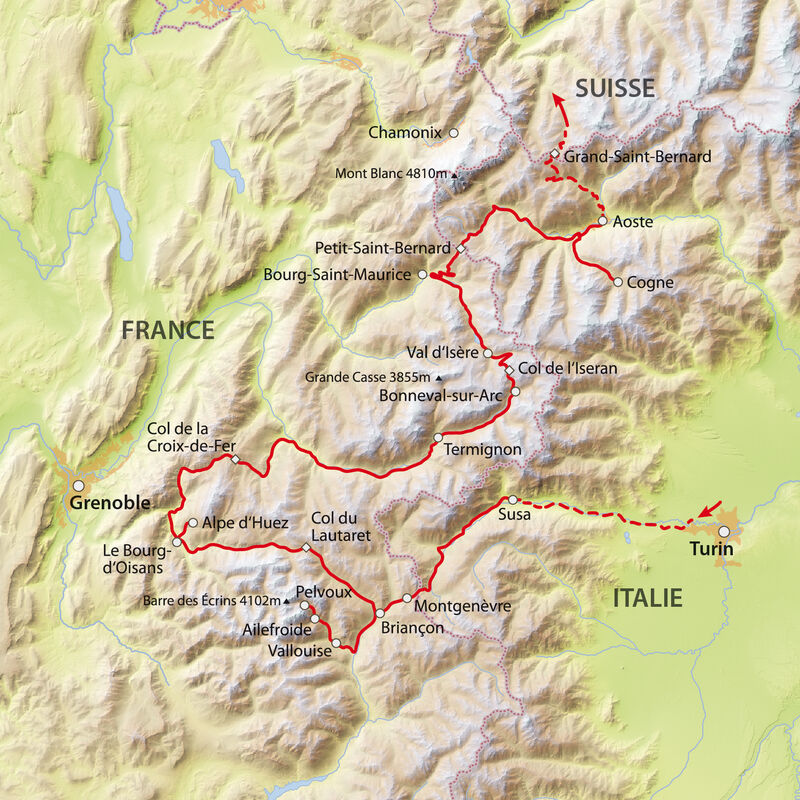 Les Parc national  Le voyage dans la région frontalière des Alpes françaises et italiennes nous mène dans plusieurs parcs nationaux : le Parc national des Écrins, le Parc national de la Vanoise et le Parco Nazionale Gran Paradiso. Le Parc national des Écrins, créé en 1973, englobe une partie des Alpes du Dauphiné. Le cœur du parc national est constitué par le massif du Pelvoux, qui comprend le 4000 mètres des Alpes le plus au sud avec la Barre des Écrins.  Le Parc national de la Vanoise a été le premier parc national français, créé en 1963 afin de protéger les paysages de haute montagne de l’intérieur du massif de la Vanoise et d’assurer la conservation du bouquetin des Alpes, menacé d’extinction, dont les derniers individus avaient survécu dans le parc national italien Gran Paradiso, limitrophe du parc de la Vanoise à sa frontière orientale. Le Parco Nazionale Gran Paradiso fut établi en 1922 comme premier parc national italien. Situé dans les régions du val d’Aoste et du Piémont, il s’étend sur une superficie majoritairement montagneuse de 70 318 hectares. Sa frontière occidentale est commune avec le parc national français de la Vanoise sur une longueur d’environ 14 km.