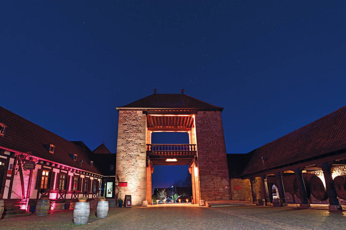 La Deutsche Weintor à Schweigen-Rechtenbach est illuminée de rose fleur d’amandier.